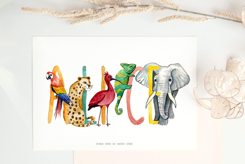 Illustration à l'aquarelle de prénom avec un animal qui accompagne chaque lettre, l'illustration est réalisée par le Pinceau Rêveur