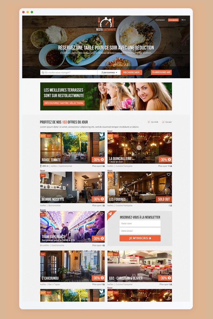 Design du site de RestoLastminute qui permet de réserver des tables dans des restaurants. Le site est assez coloré avec beaucoup d'images et des touches d'orange