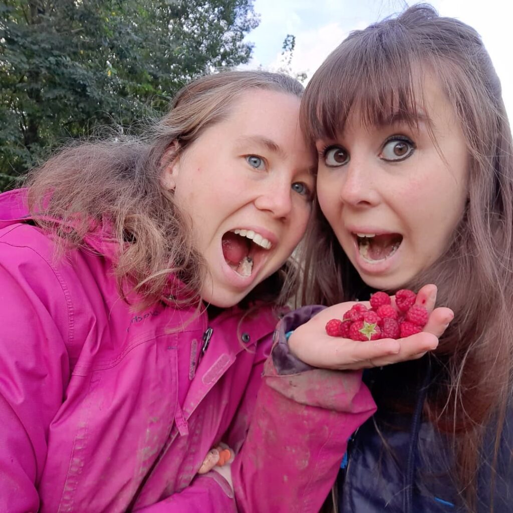 Photo rapprochée des deux sœurs, fondatrices de la ferme pédagogique, tenant des framboises fraîches dans leurs mains. En arrière-plan, on devine la silhouette d'un arbre, ajoutant une touche naturelle et chaleureuse à l'image, symbolisant l'engagement des sœurs envers l'agriculture durable et leur ferme.