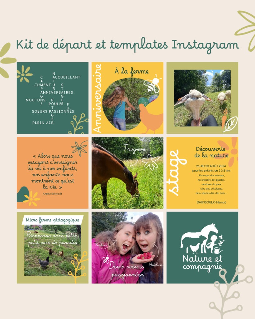 Kit de départ et template Canva pour Instagram avec l'identité graphique de Nature et compagnie, ferme pédagogique