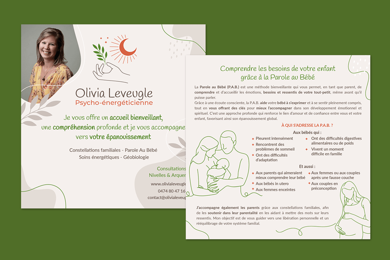 Design de flyer recto / verso présentant les services d'Olivia Leveugle, thérapeute hollistique