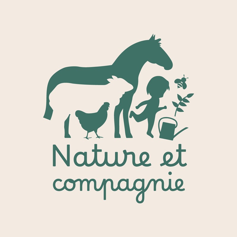 Logo vectoriel de Nature et Compagnie, avec une forme synthétique représentant un enfant, un cheval et une poule, tous intégrés dans un design épuré et stylisé. L’utilisation du vert évoque la nature et l'univers de l'enfance, tout en transmettant une atmosphère pédagogique et bienveillante. Ce logo illustre de manière moderne et simple l'harmonie entre l'apprentissage, le monde animal et l'environnement naturel.