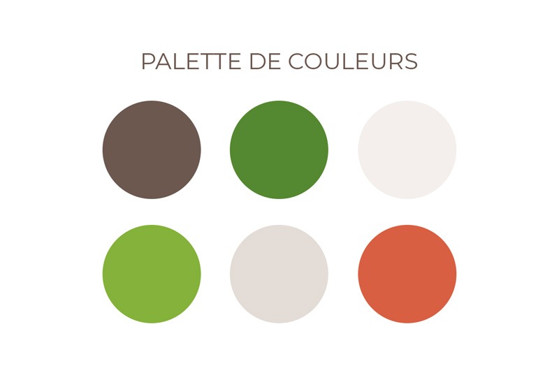 Palette de couleur créer pour l'identité visuelle d'Olivia Leveugle avec du vert, de l'orange, du brun et du beige