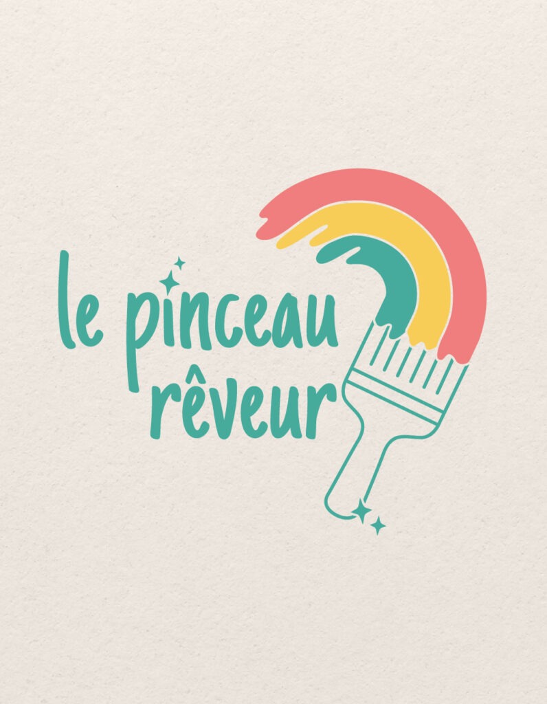 Branding illustré pour le Pinceau Rêveur, le logo représente un pinceau stylisé en train de peindre un arc-en-ciel délicat. Le design combine des formes poétiques et élégantes, symbolisant l'art, la créativité et la magie de la personnalisation. Les couleurs subtiles et les lignes fines évoquent l'univers artisanal et la douceur, tout en mettant en avant l'idée de rêve et de couleur dans la création.