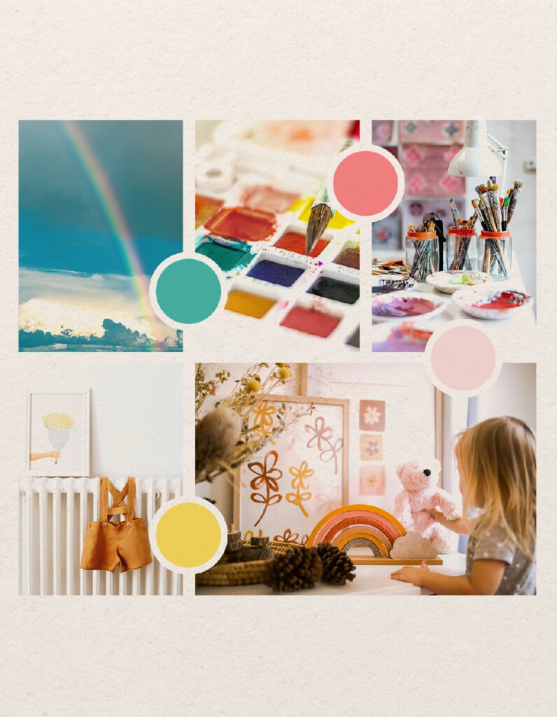 Un moodboard représentant les couleurs joyeuses et vibrantes du Pinceau Rêveur, avec une palette de tons pastel et lumineux. Les teintes sélectionnées évoquent la douceur, la créativité et l'élégance, parfaitement adaptées à l'univers poétique et personnalisé de la marque. Des touches de bleu, rose, jaune et vert se mélangent harmonieusement, créant une atmosphère chaleureuse et accueillante