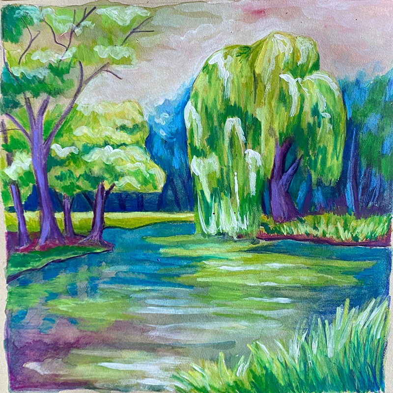 Illustration dans un carnet beige d’un lac entouré d’arbres, dont un saule pleureur. La palette de vert et mauve donne une sensation de calme et d'imaginaire