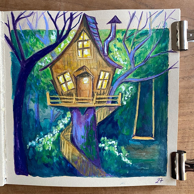 Page de carnet beige montrant une cabane perchée sur un tronc, entourée d’une forêt mystérieuse. Les tons vert, mauve et brun renforcent l’aspect enchanteur de la scène