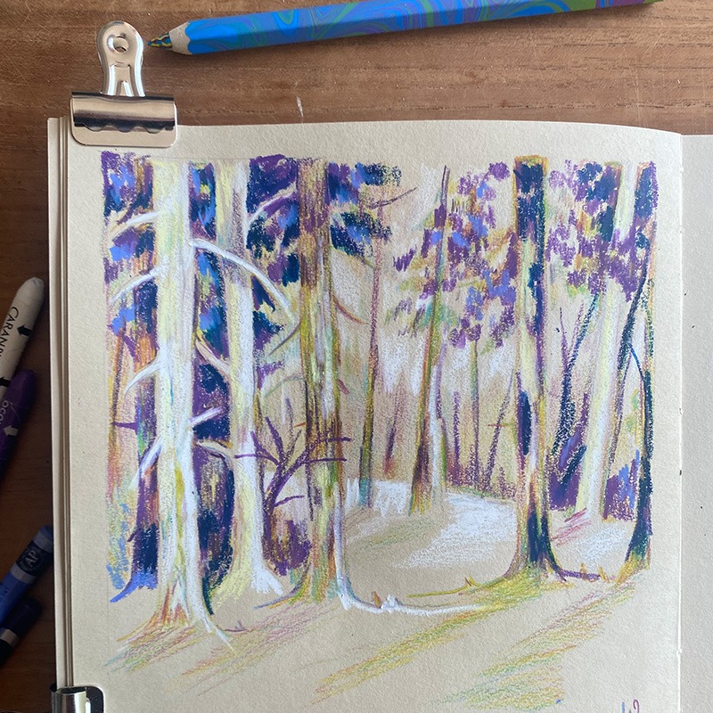 Illustration d'une forêt dans un carnet beige, réalisée avec un crayon magique et des pastels. Les teintes de mauve, brun et jaune donnent vie à un paysage dense et texturé, créant une ambiance mystérieuse et organique.