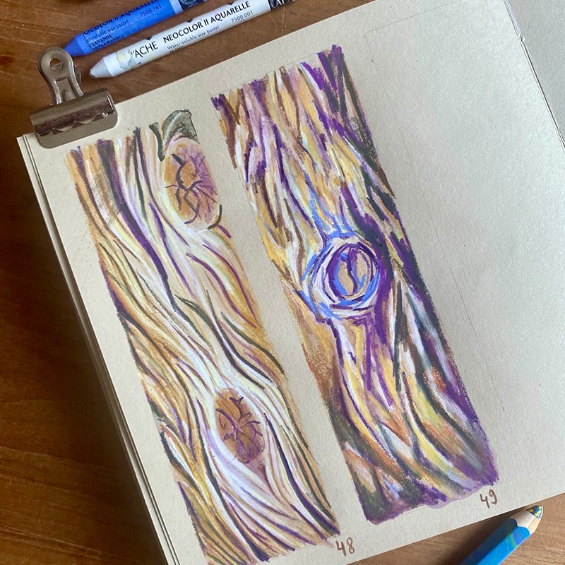 Deux dessins côte à côte dans un carnet beige, réalisés en techniques mixtes. Chaque illustration met en avant la texture des troncs d'arbre dans des teintes terreuses de brun, avec des touches de mauve pour apporter une profondeur subtile