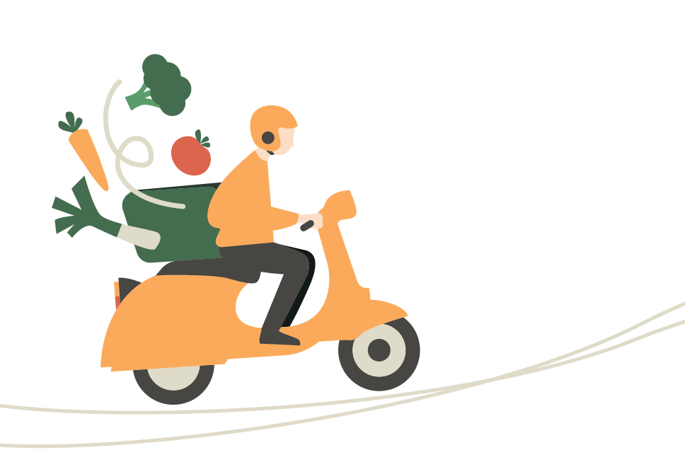 Illustration vectorielle aux formes simples et modernes, montrant un livreur sur une moto stylisée. De la boîte de livraison située à l'arrière de la moto, des légumes frais (carottes, brocolis, tomates) semblent s'envoler joyeusement, créant une sensation de mouvement et de dynamisme. Les couleurs principales sont orange, vert et beige, en harmonie avec l'identité visuelle du service de livraison de lunch bio