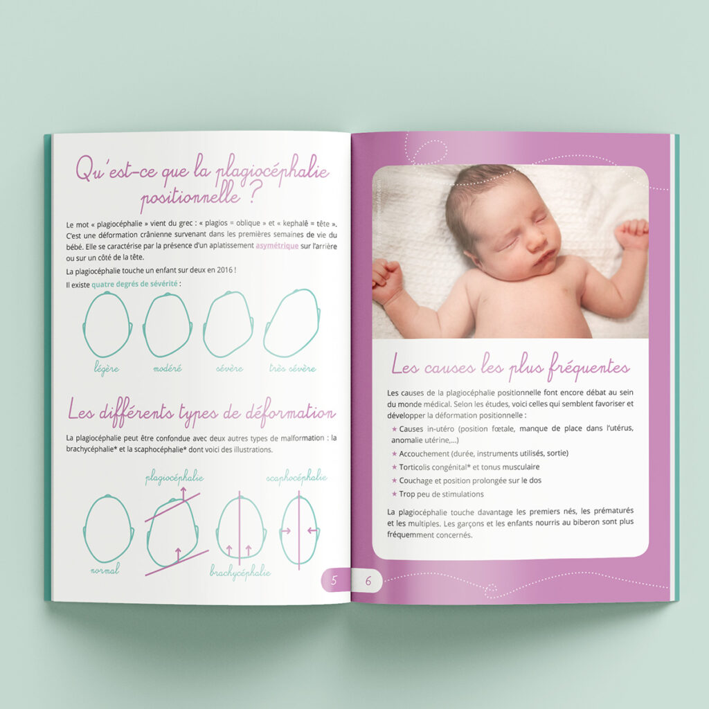 Double page intérieur de la brochure sur la plagiocéphalie combinant des illustrations et des photographies. Les couleurs turquoise, mauve et rose sont utilisées pour maintenir une cohérence visuelle douce et apaisante. Les images et les textes sont harmonieusement disposés pour offrir des informations claires et accessibles sur ce sujet de santé.