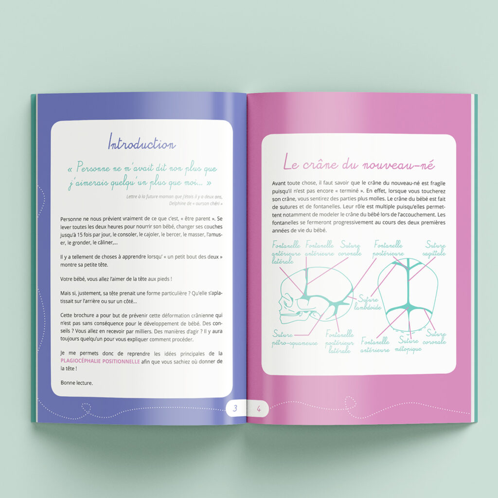 Double page intérieur de la brochure sur la plagiocéphalie, avec des illustrations présentant l'anatomie du crâne du bébé. Les couleurs turquoise, mauve et rose sont utilisées pour maintenir une cohérence visuelle douce et apaisante. Les images et les textes sont harmonieusement disposés pour offrir des informations claires et accessibles sur ce sujet de santé.