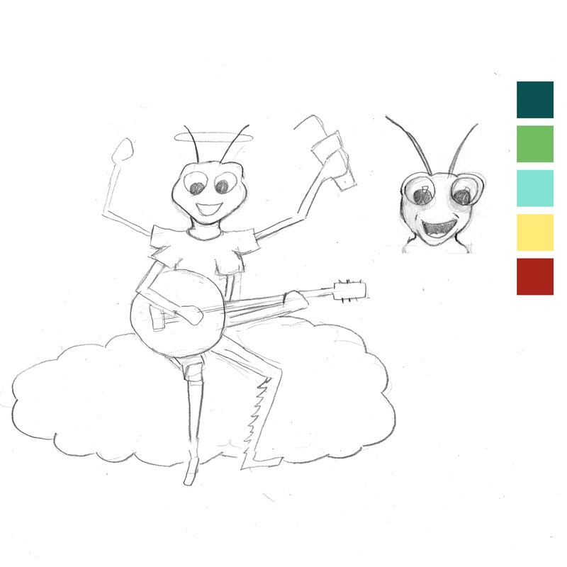 Croquis de recherche illustrant une cigale joyeuse et légère, jouant du banjo tout en étant assise sur un petit nuage moelleux. Les traits sont réalisés à la main, avec une attention particulière portée à l’expression pétillante et aux détails amusants de l’instrument de musique, reflétant une atmosphère insouciante et poétique