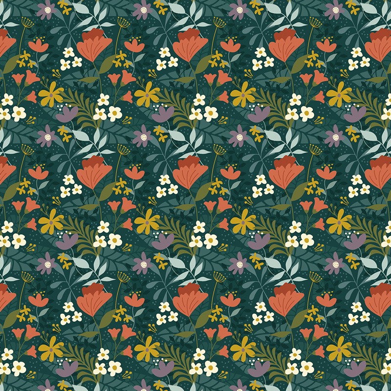 Motif fleuri vectoriel avec une dominante de vert foncé, agrémenté de fleurs rouges, mauves, jaunes et blanches. Le design stylisé et élégant crée une ambiance à la fois moderne et naturelle.