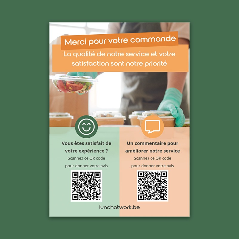 Flyer aux couleurs orange et vert, représentant une photo d'un chef en train de préparer des salades fraîches avec soin, prêtes à être livrées. Le texte inscrit en haut du flyer indique : 'Merci pour votre commande. La qualité de notre service et votre satisfaction sont notre priorité.' Une ambiance chaleureuse et naturelle se dégage de l'ensemble, reflétant l'engagement envers des produits bio et un service irréprochable."