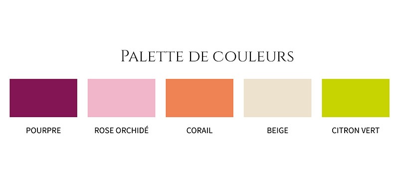 Palette de couleur de la croisée des âmes, avec du pourpre, du rose, du corail, du beige et du vert citron