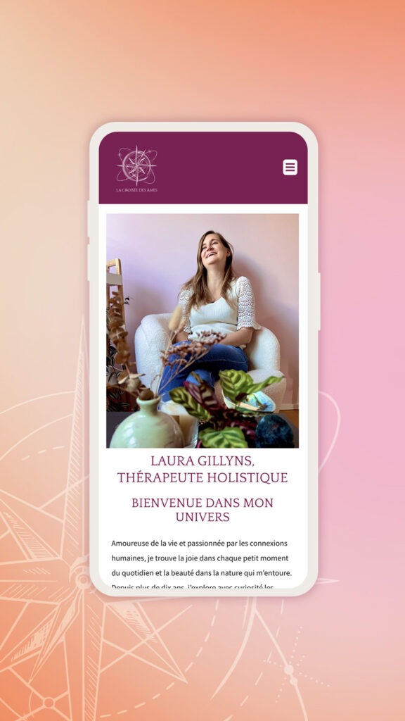 Site internet : page d'accueil sur mobile pour la Croisée des âmes, une thérapeute holistique