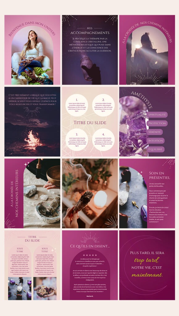Template Canva pour la communication sur Instagram de la croisée des âmes, une thérapeute holistique