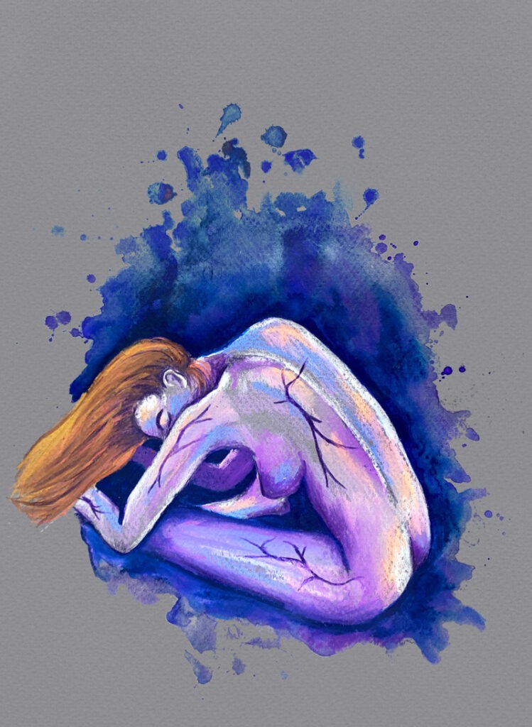 Aquarelle et pastel à la cire d’une femme assise nue, dont la peau semble fissurée.