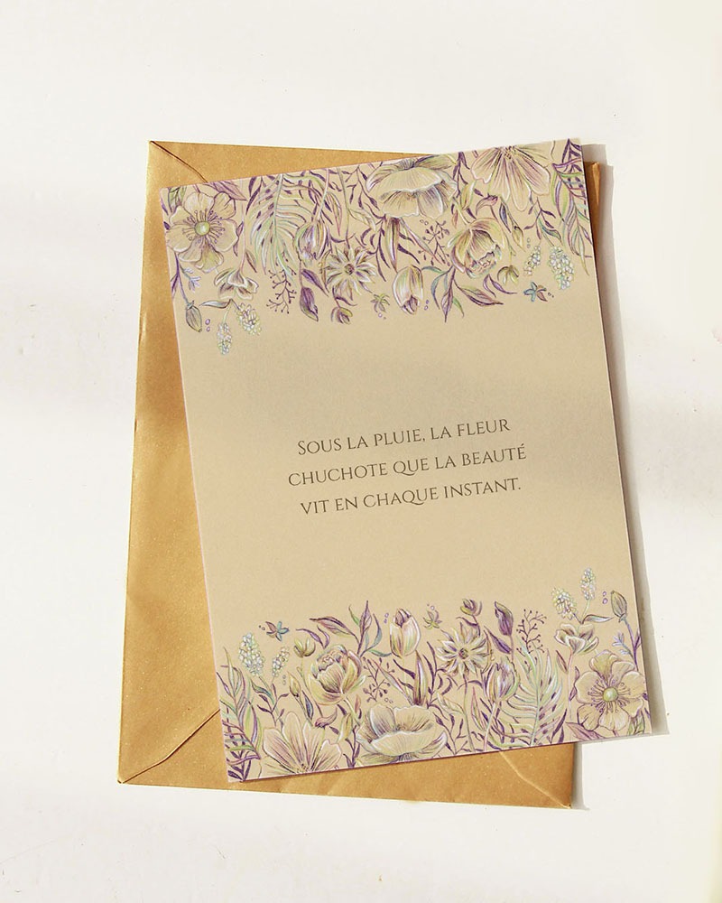 Carte postale florale illustrée au crayon, avec une citation poétique