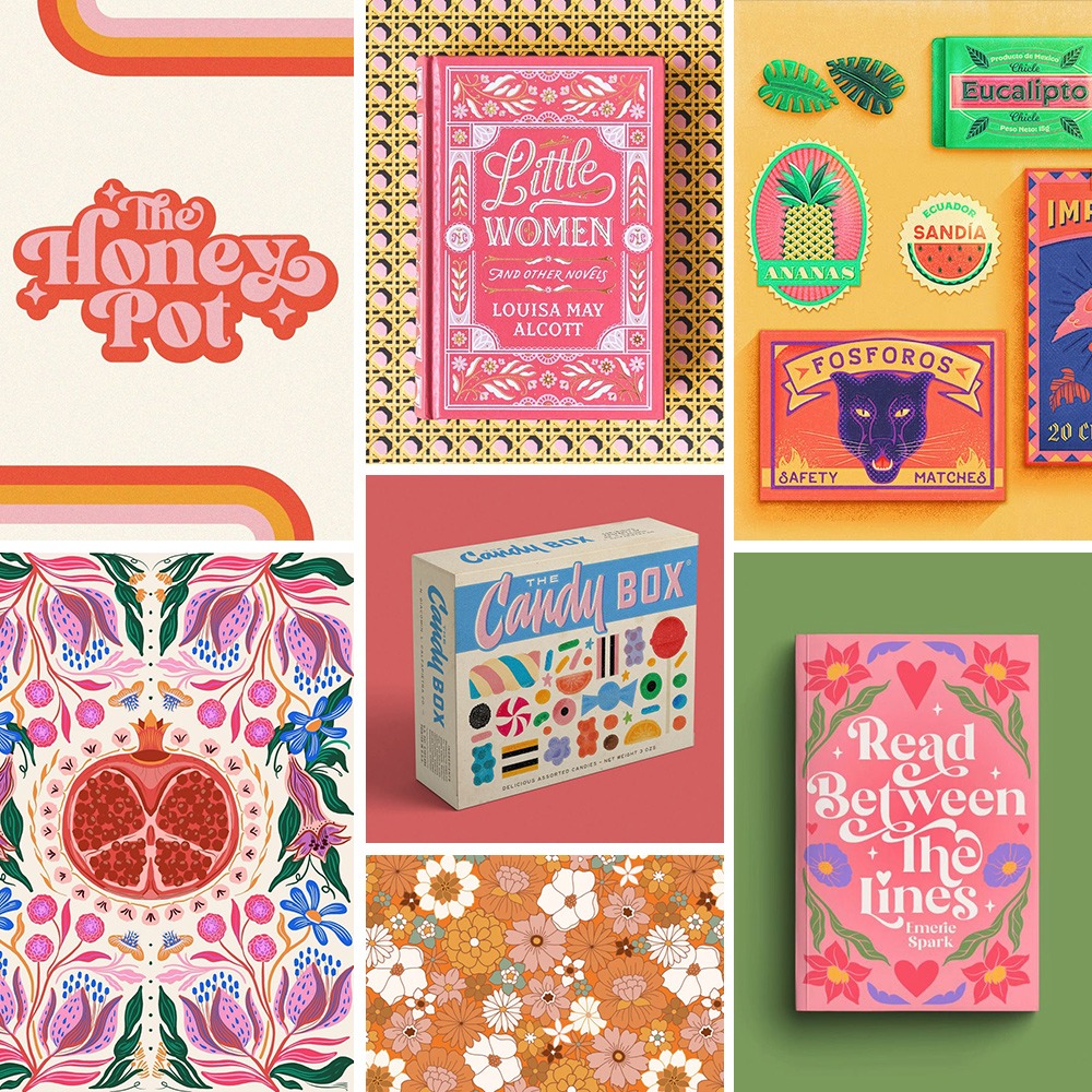 Objets graphiques et imprimés au style rétro revisité, mêlant illustration, typographie vintage et palettes de couleurs chaleureuses et contemporaines.