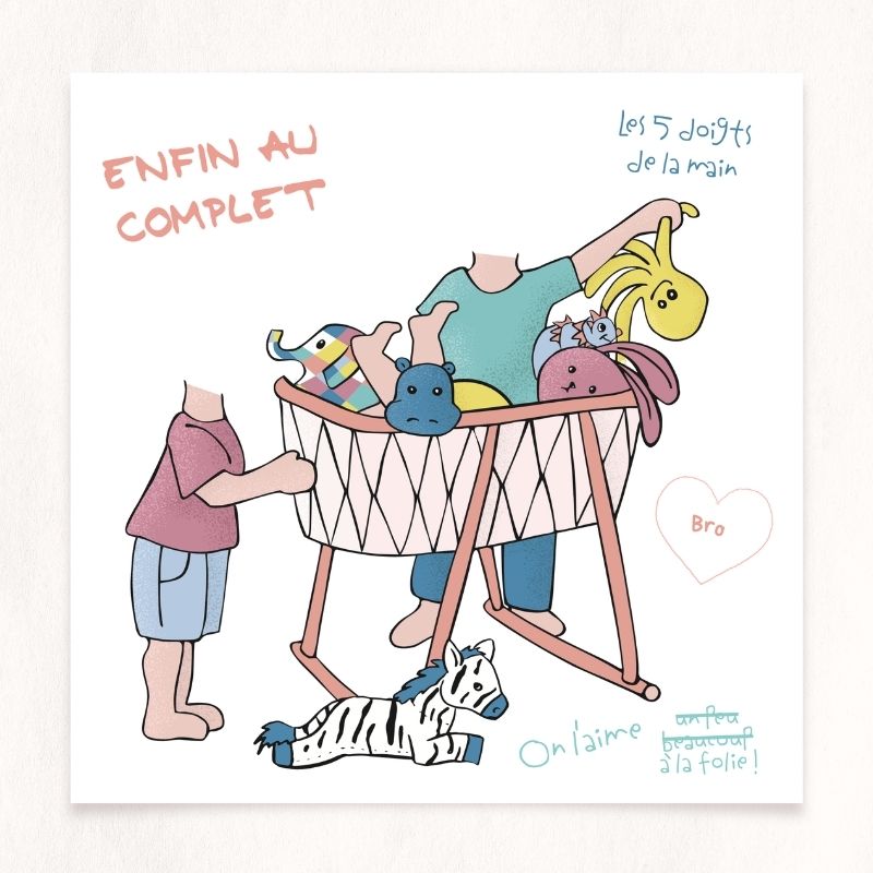 Faire part de naissance illustré en vectoriel. les deux ainés rajoutent des doudous dans le berceau de leur petit frère