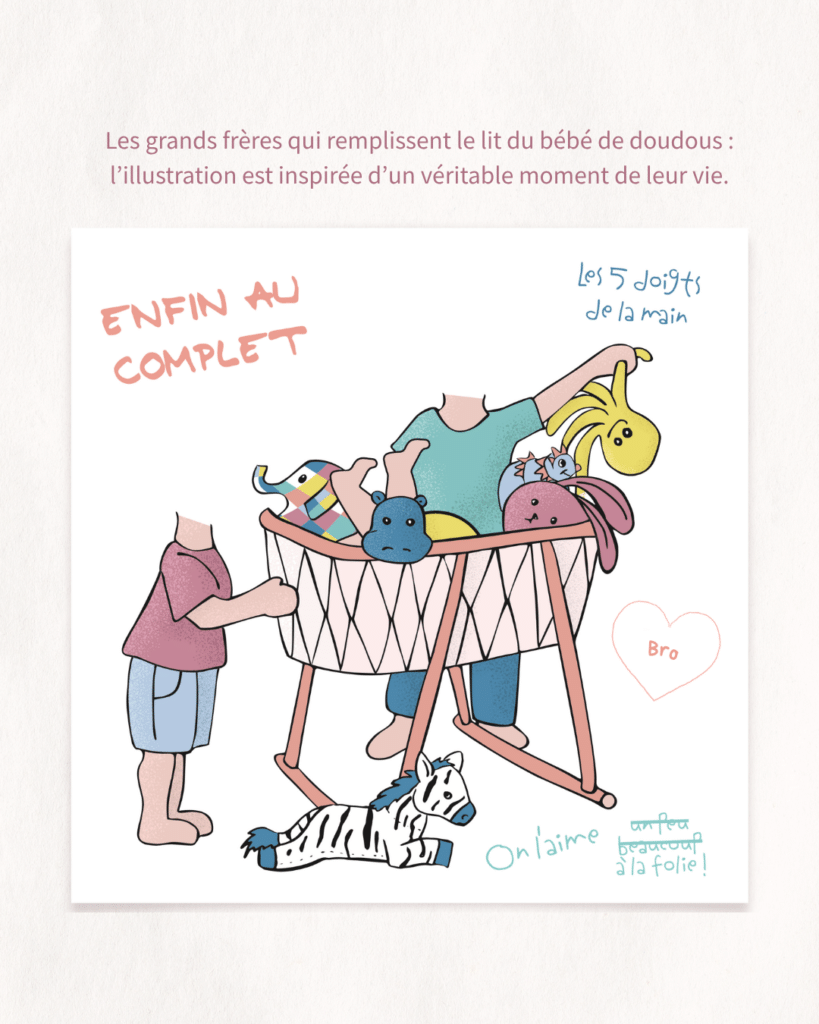 Faire part de naissance illustré en vectoriel. les deux ainés rajoutent des doudous dans le berceau de leur petit frère